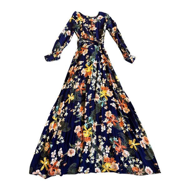 Meghan LA Lilypad Iris Navy Bell Sleeve Open Slit Maxi Dress Size Small Women's - Picture 11 of 16